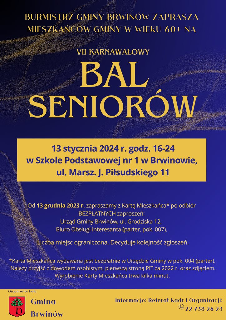 Plakat zapraszający na Bal Seniorów 13 stycznia 2024 roku